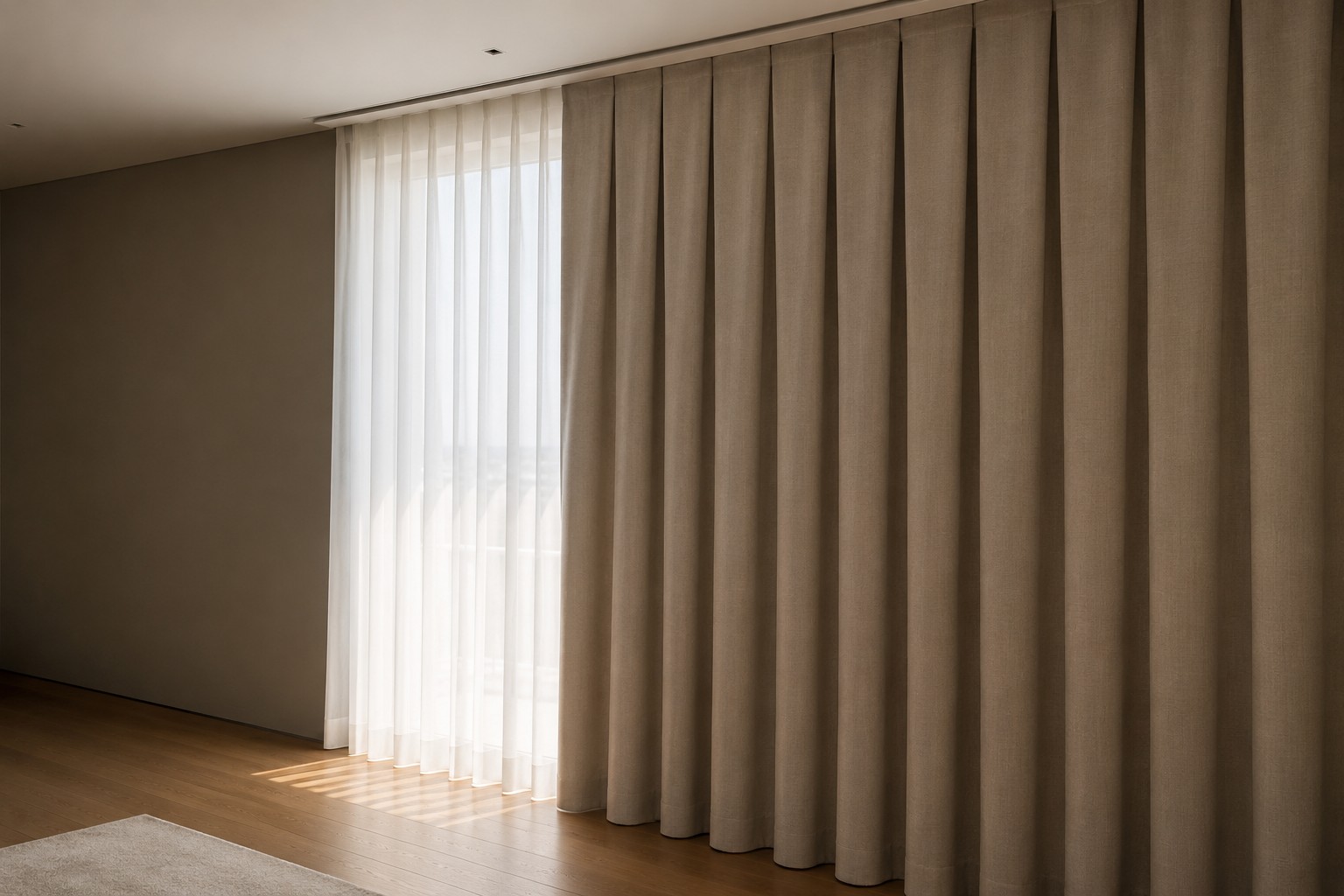 Sala com cortina prega macho sob medida: painéis lisos separados por vincos retos, do trilho ao chão, ao lado do voil