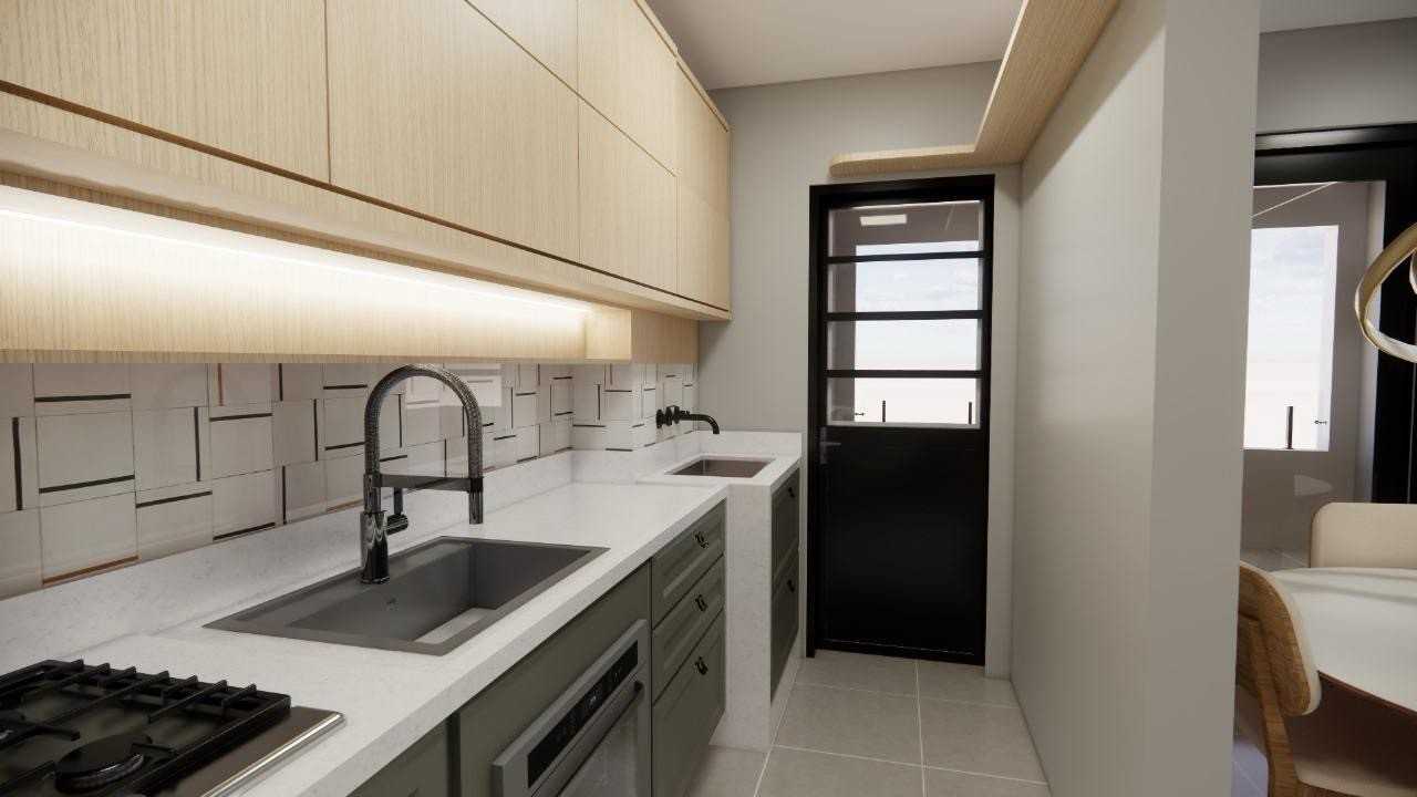 Projeto de cozinha planejada com armários em madeira clara, base verde e bancada branca